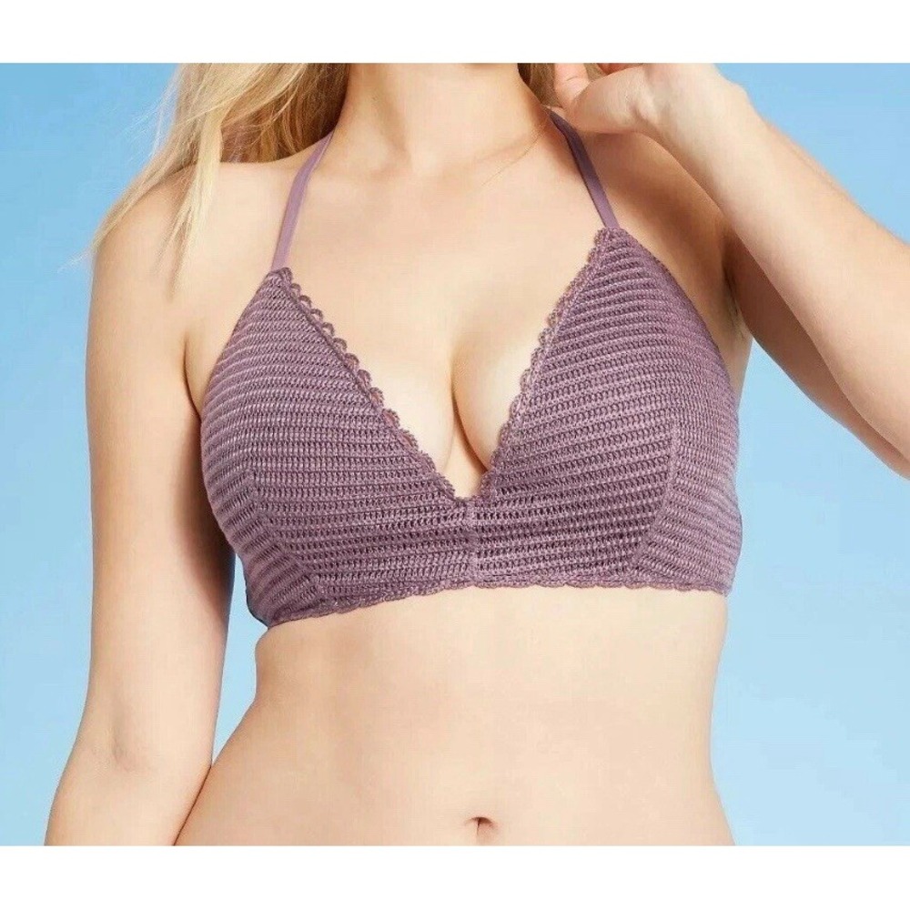 Shade & Shore Knit Crochet Underwire Padded Push Up Bikini Top Purple Sz 38B New